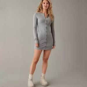 American Eagle Outfitters Gray Button Front Jersey Knit Long Sleeve Dress Large